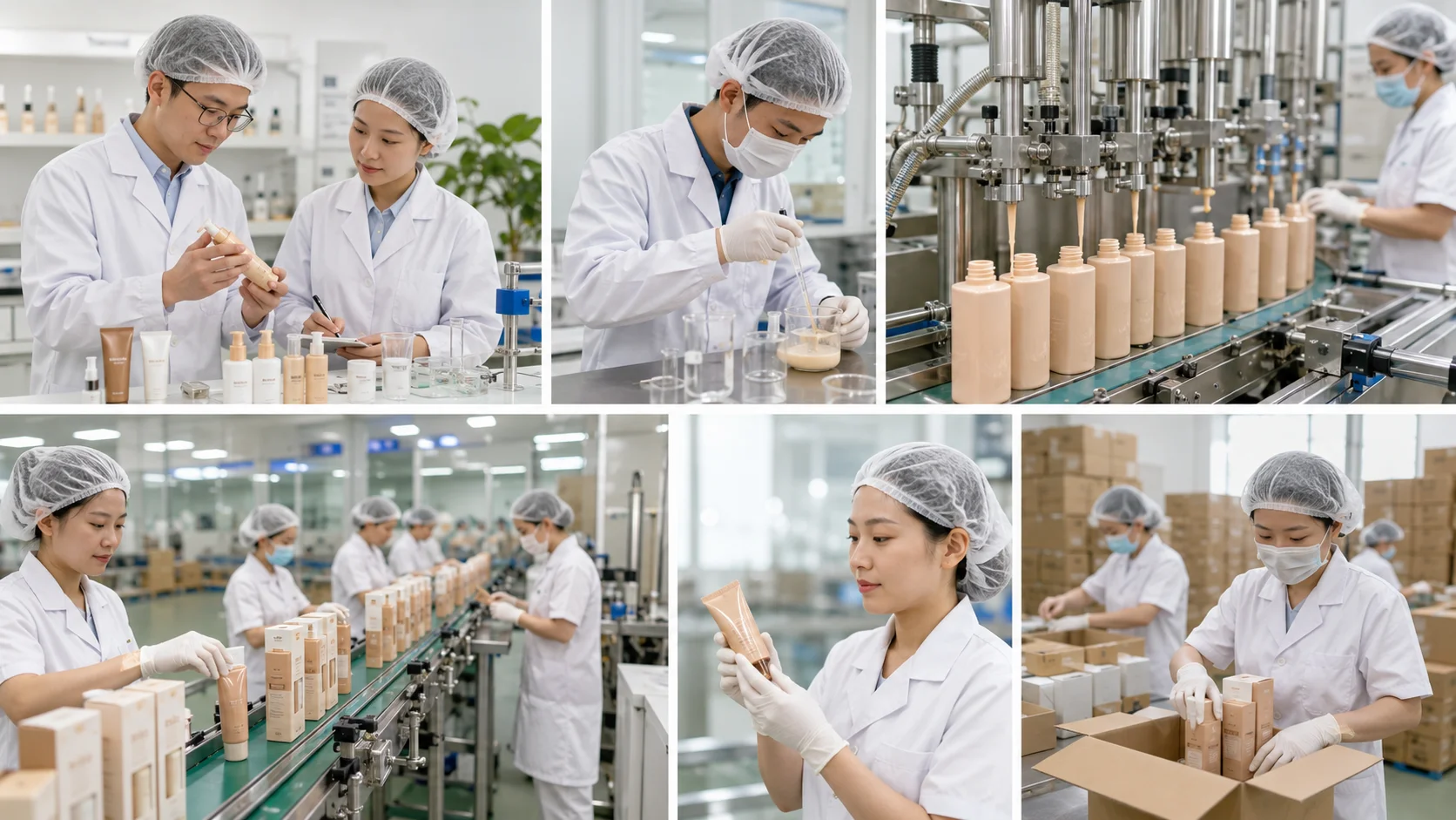 Collage showing laboratory staff testing cosmetics, automated filling of bottles, packaging on conveyor belt, and final boxing in a skincare product factory.